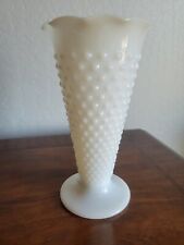 Vintage Milk Glass Hobnail Vase Jacob's Ladder Design Pedestal Ruffled Rim 9.5” picture