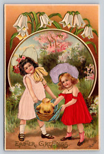 Silk Embossed Antique Easter Greetings PC Children Carrying Happy Baby Chicken picture