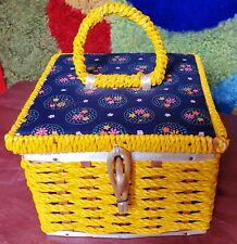 Vintage Mid Century 60s 70s Colorful Fabric Floral Yellow Sewing Basket Japan  picture