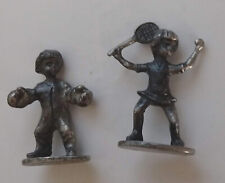 Lot of 2 Pewter Miniature Figurines Girl Playing Tennis Boy Boxing 1 3/4 Inch picture