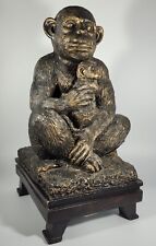 Vintage Sitting Monkey holding Baby Child Mom Resin Chimp Ghana African Statue. picture