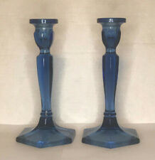 Set of 2 Vintage Antique Blue Iridescent Glass Candlestick Holders 8 1/2
