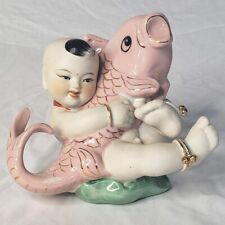 Chinese Porcelain Baby Boy w/ Pink Koi Fish Carp 5”h picture