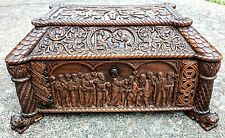 Amazing Antique Ornately Hand Carved Wood Bible Box Religious God Jesus Cross picture