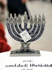 Judaica Menorah  Blue Silver Beaded Hanukkah Centerpiece Holiday Decor 11” Wood picture