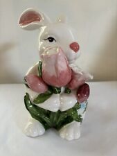 Blue Sky Clayworks Ceramic Sitting Easter Bunny Tulips Floral Spring Decor 9” picture