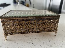 1960’s Hollywood Regency Brass Filigree Jewelry Trinket Box With Beveled Glass picture