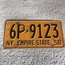 1958 New York State License Plate 6P-9123 Vintage Worn Obsolete Man Cave picture