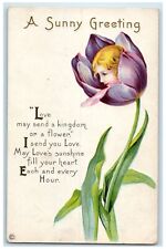 c1910's Sunny Greeting Little Girl Head Tulip Flower Embossed Antique Postcard picture