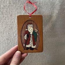 Vintage Wood Oak SANTA TOY BAG Decoration Ornament Hand Carved Saint Nick picture