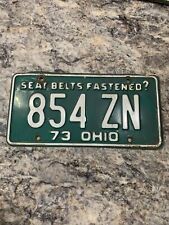 Vintage 1973 Ohio 73 License Plate “Seat Belts Fastened” 854 ZN Nice Patina picture