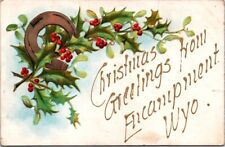 Encampment WY Christmas Holly Horseshoe Gold Embossed c1910s postcard BQ6 picture