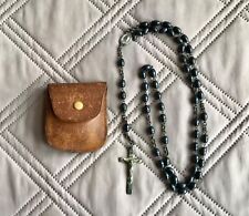 Vintage Inri Cross Rosary Black Bead Necklace with Leather Pouch picture