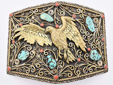 XL LARGE Oversize Western Eagle Paisley Red Coral Turq Heavy Vintage Belt Buckle picture