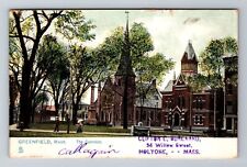 Greenfield MA-Massachusetts, The Common, Church, Vintage c1908 Souvenir Postcard picture