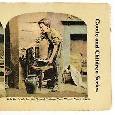 Boy Searching for Towel Stereoview c1915 Washing Up Home Life Antique Card H1320 picture