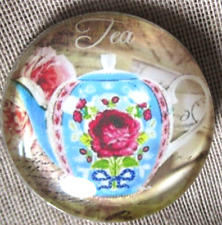 NEW LRG GLASS DOME PICTURE BUTTON  BLUE & WHITE TEAPOT W FLOWERS  