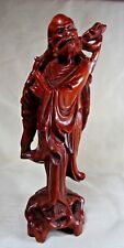 (MJS) Vintage Oriental Asian Bearded Barefoot Wooden Man with Staff, 9-1/4
