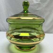 VTG Apothecary Lidded Candy Dish Empoli Style Green Gold Circus Tent Compote picture