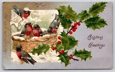 Christmas~Gold Corner Fade To Silver~Birds In Snow~Holly Berry~1908 UDB Postcard picture