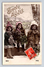 RPPC Three Young French Girls Fur Coats Bonne Annee Hand Colored Postcard picture