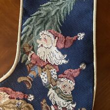 Santa MERRY CHRISTMAS tree elfs  gnome Needlepoint Stocking 21” blue with maroon picture