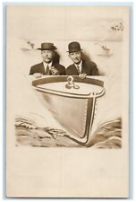 1912 Man Cigarette Lake Speedboat Studio Carticature RPPC Photo Antique Postcard picture