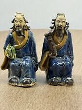 Vintage Chinese Mud Men Figurines, Two Wearing Blue Robes, Excellent Condition picture