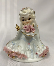 Vtg Ceramic Lefton China HP Bride Angel Figurine White Pink Spaghetti Trim K8273 picture