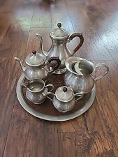 Vintage Daalderop Royal Holland Pewter Teak Coffee and Tea Set with Tray 6 Pcs picture
