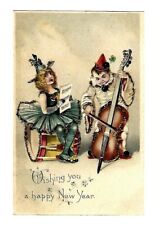 c1906 Fantasy New Year Postcard Clown Plays Cello, Ballerinia Sings Song picture