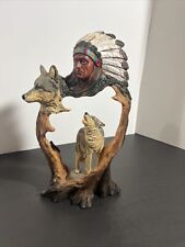 Rustic Howling Wolves And Indian Chief In Headdress Forest Scene Cutout Figurine picture