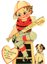 Vtg Valentine Card Mechanical Boy Baseball Bat Player Catcher Hit Season  1930s picture