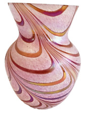Handcrafted Pink and Red Art Glass Vase Applied Feather Swirl Design Unsigned  picture
