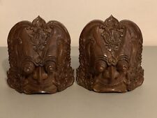 Vintage Art Deco Balinese Hand Carved Wood Boma Mask Bookends Decor picture