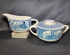 Currier & Ives Vintage Royal China Cream and Sugar Bowl Blue Train & Steam Ship picture