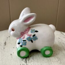 G.O.T. Ltd Ceramic Bunny Rabbit Figurine On Wheels Flowers 1991 Vintage picture