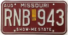 Vintage Missouri 1987 License Plate RNB 943 DMV Clear in Nice Condition picture