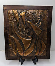Mid Century Copper Plaque Wood Frame Metal Relief Flowers Calla Lilies picture