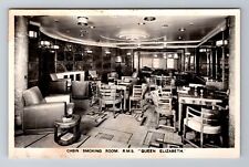 RPPC: Real Photo of RMS Queen Elizabeth, Cabin Smoking Room, Vintage Postcard picture