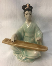 Lovely Vintage Celadon Porcelain Giesha Figurine Playing Music Instrument EUC picture