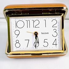 Vtg Bulova Travel Alarm Clock Wind-Up Gold/Brown Leather Case Tested/Works Japan picture