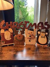Merry Christmas Hinged Wooden Sign Santa Snowman Penguins Reindeer Hand Painted picture