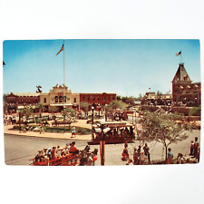 Disneyland Town Square Postcard 1960s Main Street Trolley Cars Park Flag A4399 picture