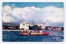 Old Postcard Hawaii Outrigger Canoe Surf Waikiki Moana Hotel Beach 1949 Cancel picture