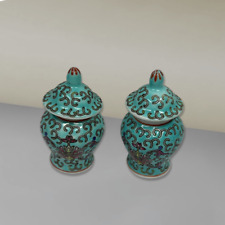 Vintage Pair of Chinese Miniature Ginger Jars. Vibrant turquoise, hand painted. picture