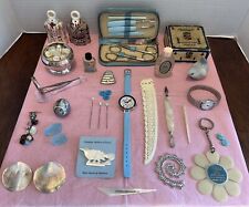 Ladies VTG Vanity Lot 30+ Items ~ Manicure Kit/Earrings/Watches/Pins/Mag Glass picture