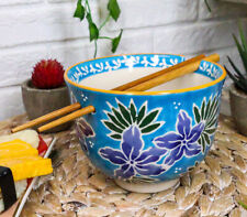 Ebros Pack Of 2 Blue Spring Flowers Ramen Noodles Soup Bowl W/ Bamboo Chopsticks picture