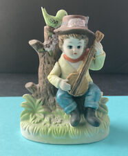 Porcelain Figurine Boy Playing Banjo w/ Bird on Tree - Hand Painted - Unmarked picture