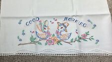 Vintage Pair of Good Morning Birds Hand Embroidered Crocheted Pillowcases picture